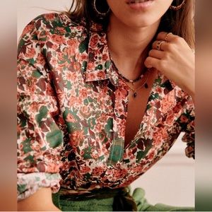Sezane Floral Button-Down Shirt in Green and Coral